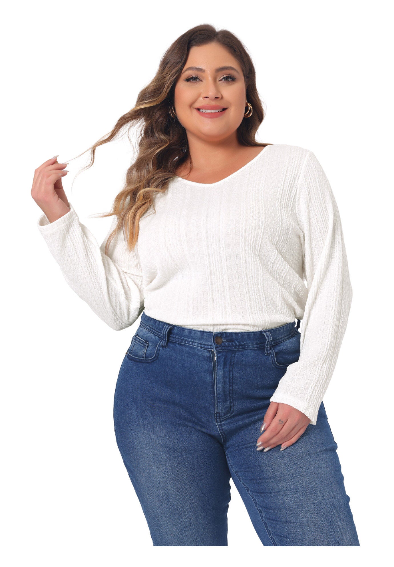 V Neck Long Sleeve Basic Knit Top Tee T-Shirt, White / White, hi-res image number 0