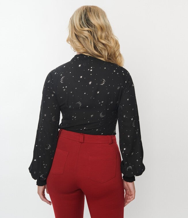 Unique Vintage Black Moon Star Print Blouse, Black Silver Stars / Black, alternate image number null