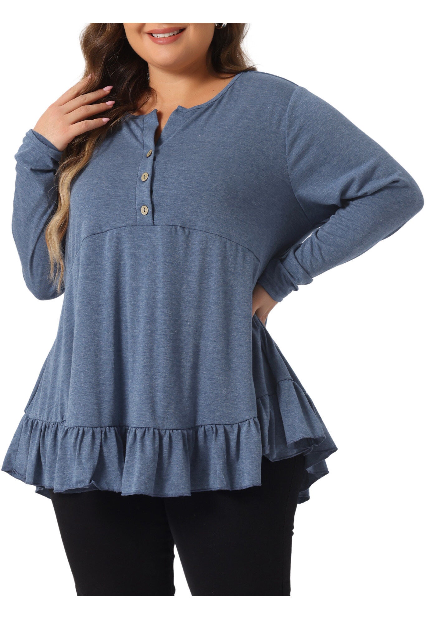 Henley V Neck Ruffled Hem Flowy Blouse Tunic, Blue / Dusty Blue, alternate image number 1