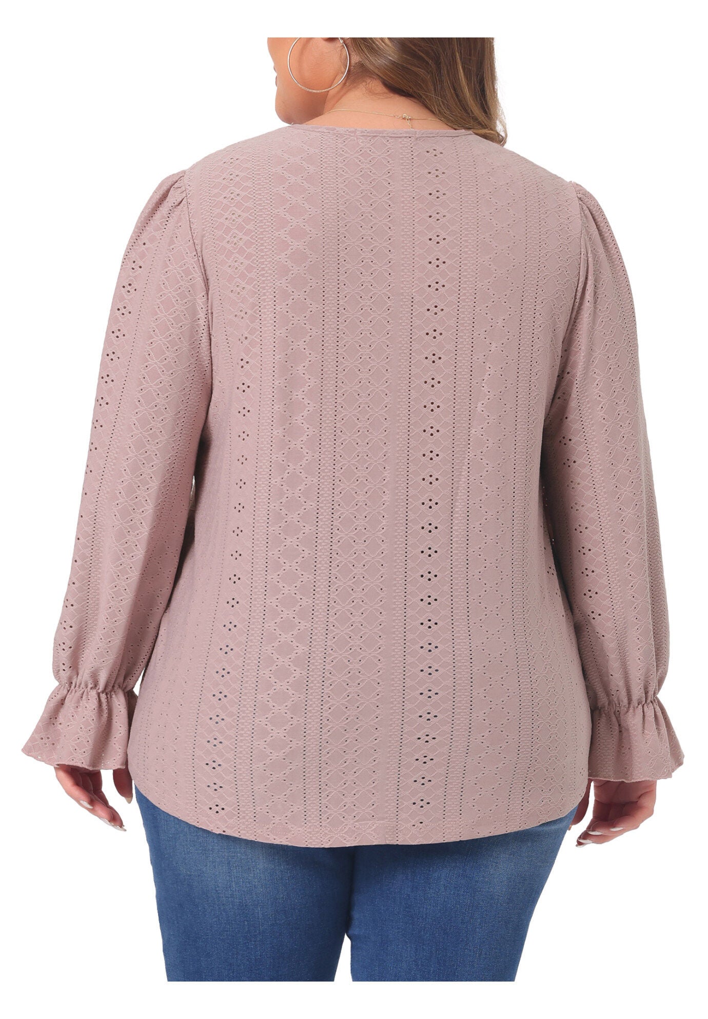 V Neck Ruffle Eyelet Lace Crochet Hollow Blouse, Pink / Pink, alternate image number 2