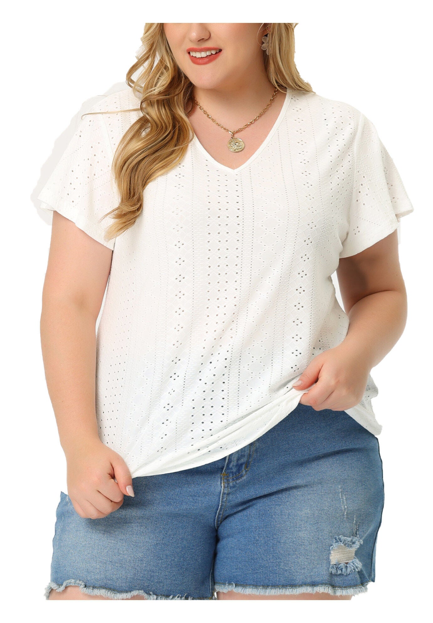 Summer Tee V Neck Hollow Flare Short Sleeve Casual Top Tunic, White / White, alternate image number 2