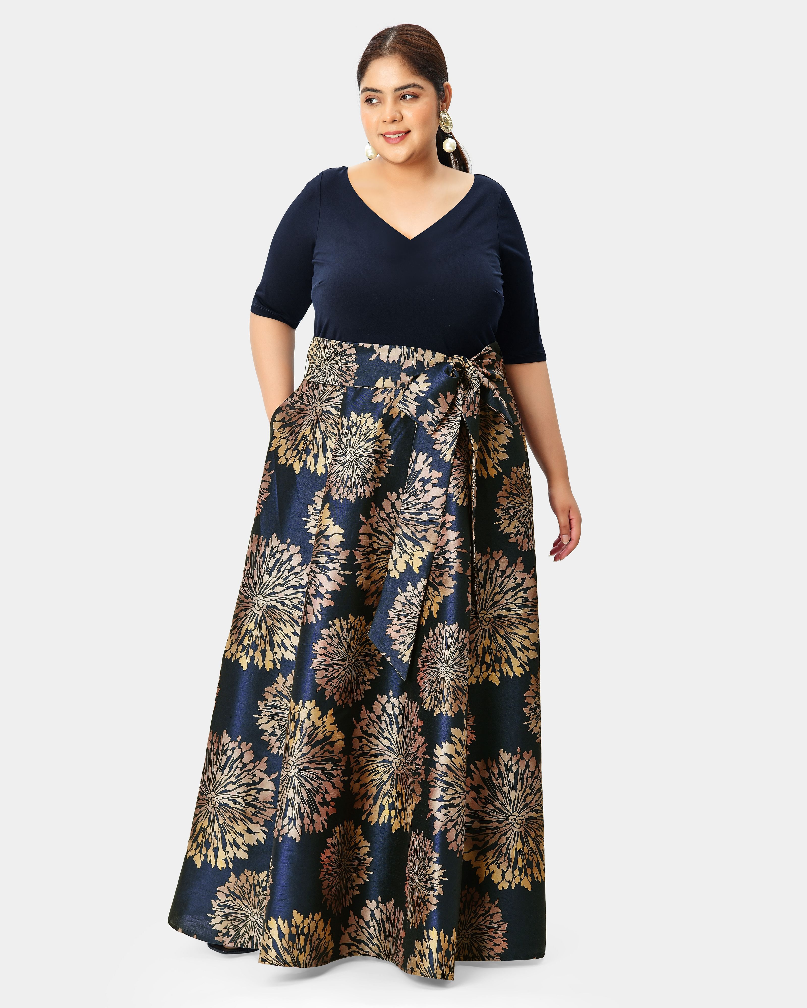 Floral print dupioni and jersey knit v-neck maxi dress, Navy / Navy, hi-res image number 0