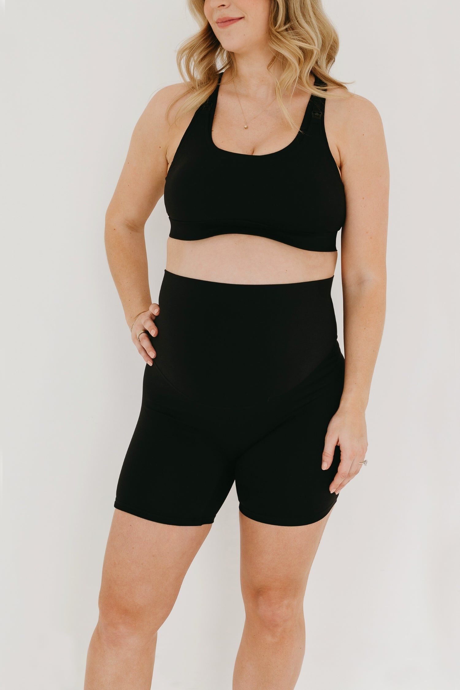 Women's Athletic Maternity Bike Shorts with Supportive Belly Band, Black / Black, hi-res image number 0