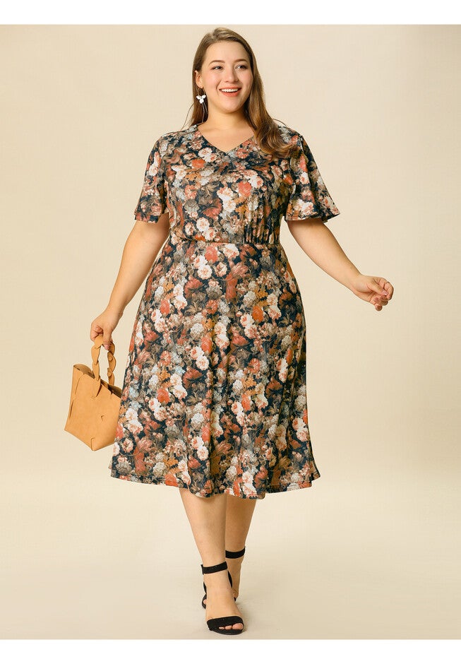 Short Sleeve Fit Flare Midi Sundress Floral Dress, Orange / Orange, hi-res image number null