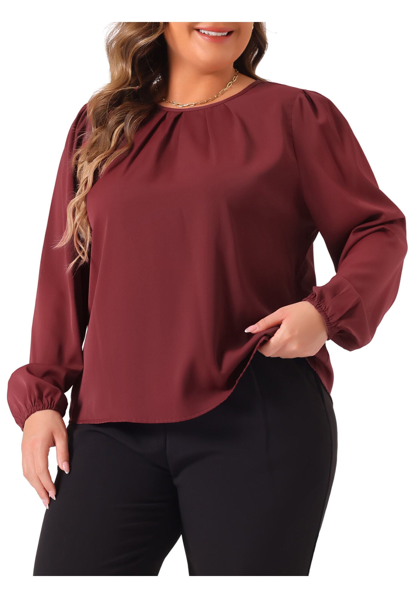 Crew Neck Pleated Work Office Long Sleeve Blouse, Burgundy / Burgundy, alternate image number 1