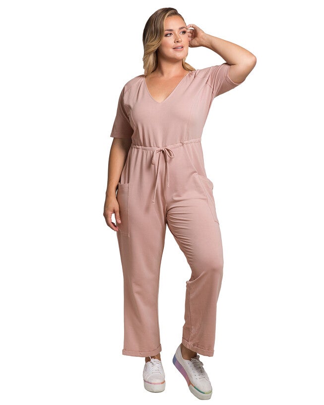 Wendy Plus Size French Terry Short Sleeve Sweat Lounge Jumpsuit, Mauve / Mauve, alternate image number 3