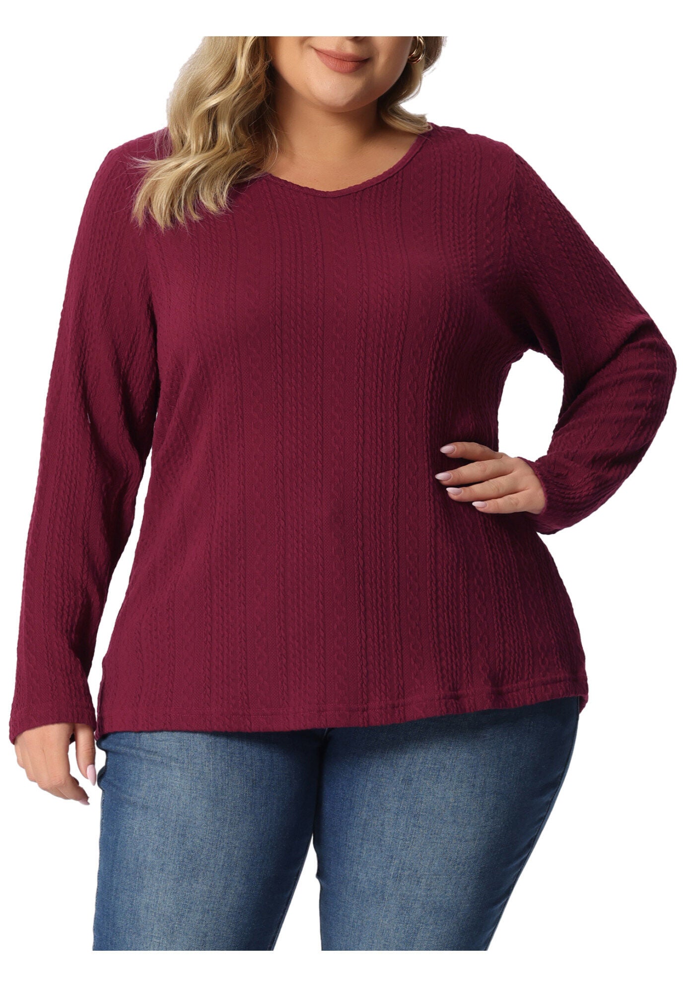 V Neck Long Sleeve Basic Knit Top Tee T-Shirt, Burgundy / Red, alternate image number 2