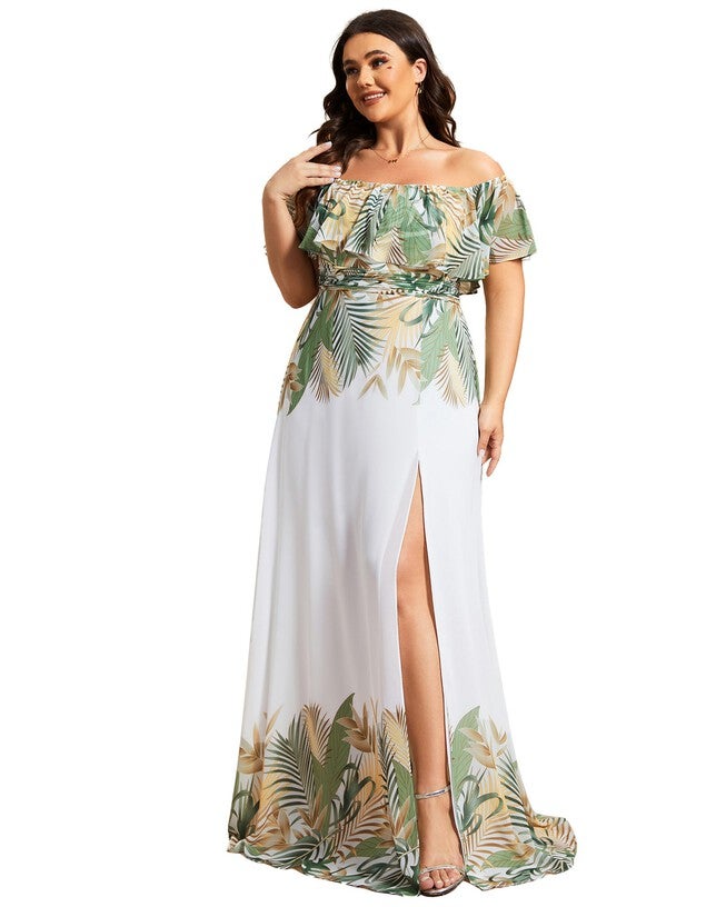 Summer Printed Chiffon Off the Shoulder A-Line Evening Dress, White Green / Sage Green, alternate image number 3