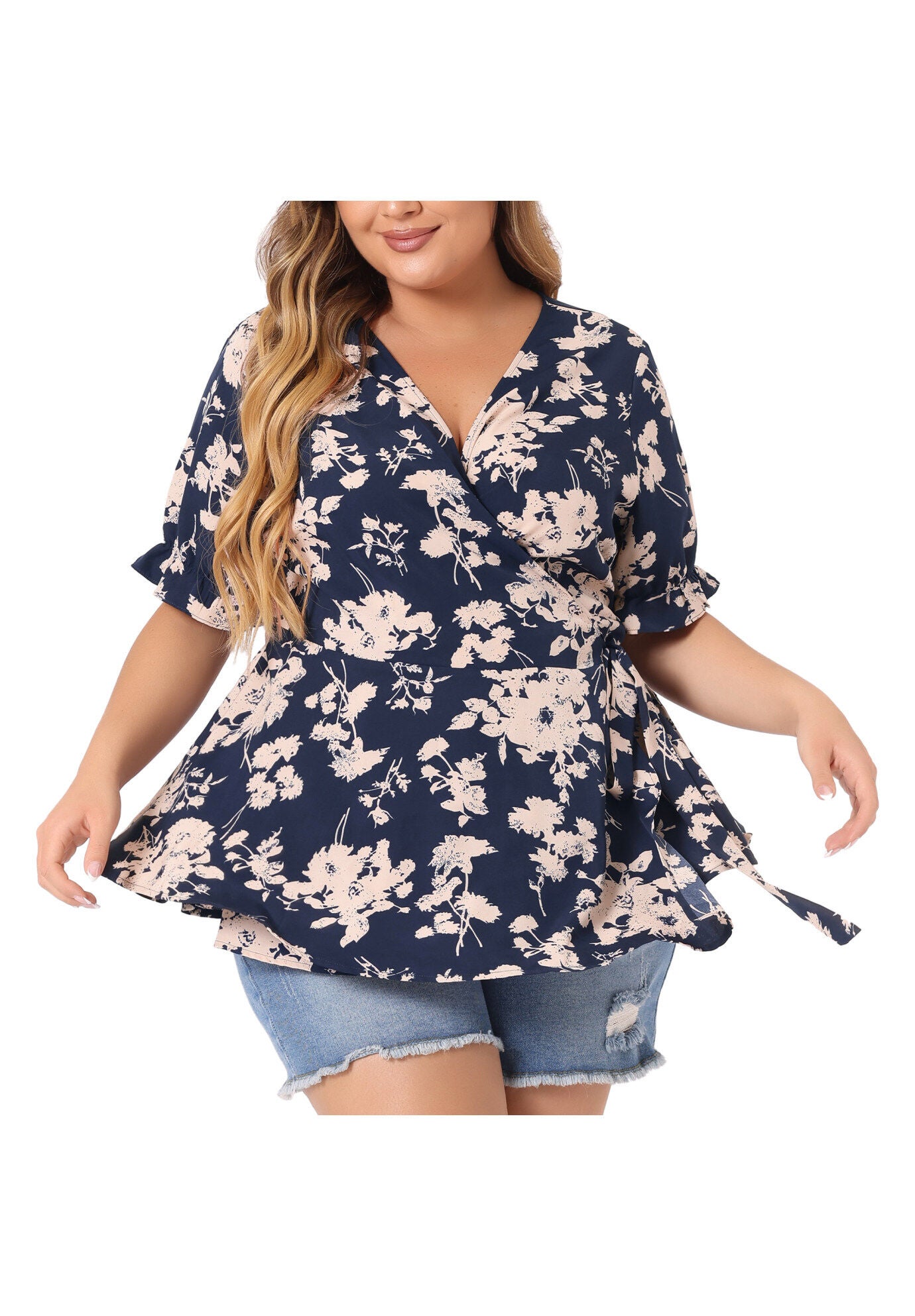 Floral Ruffle Sleeve Faux Wrap Peplum Blouse, Navy Blue / Navy, alternate image number 2