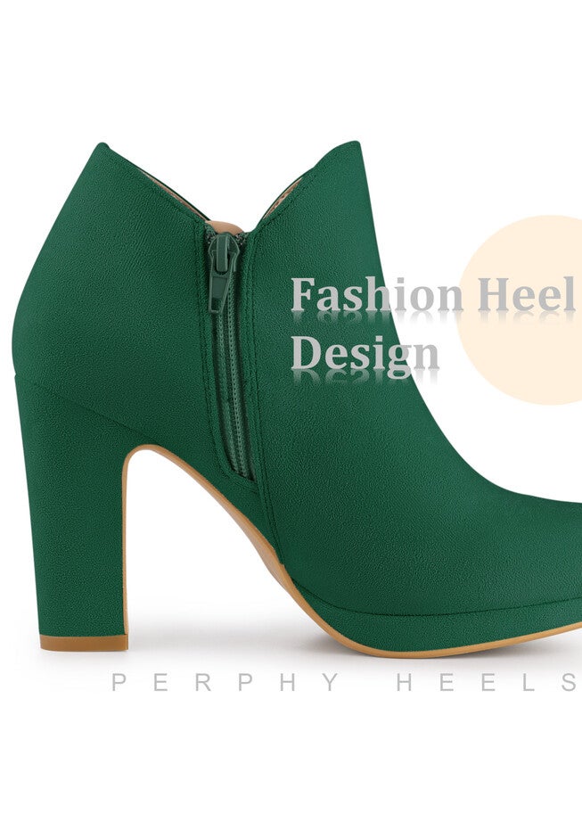Platform Round Toe Chunky Heels Ankle Boots, Green / Forest Green, alternate image number 3