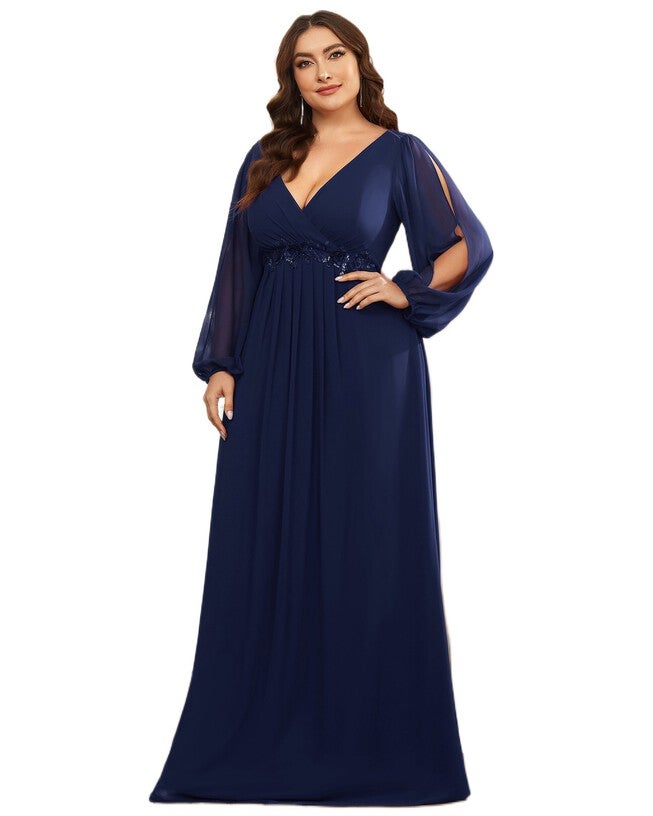 Chiffon V-Neckline Long Sleeve Formal Evening Dress, Navy Blue / Navy, hi-res image number null