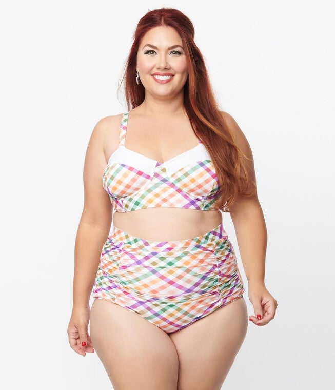 Unique Vintage Pastel Madras Gingham Monroe Swim Bottom, Plaid Rainbow Gingham / White, alternate image number null