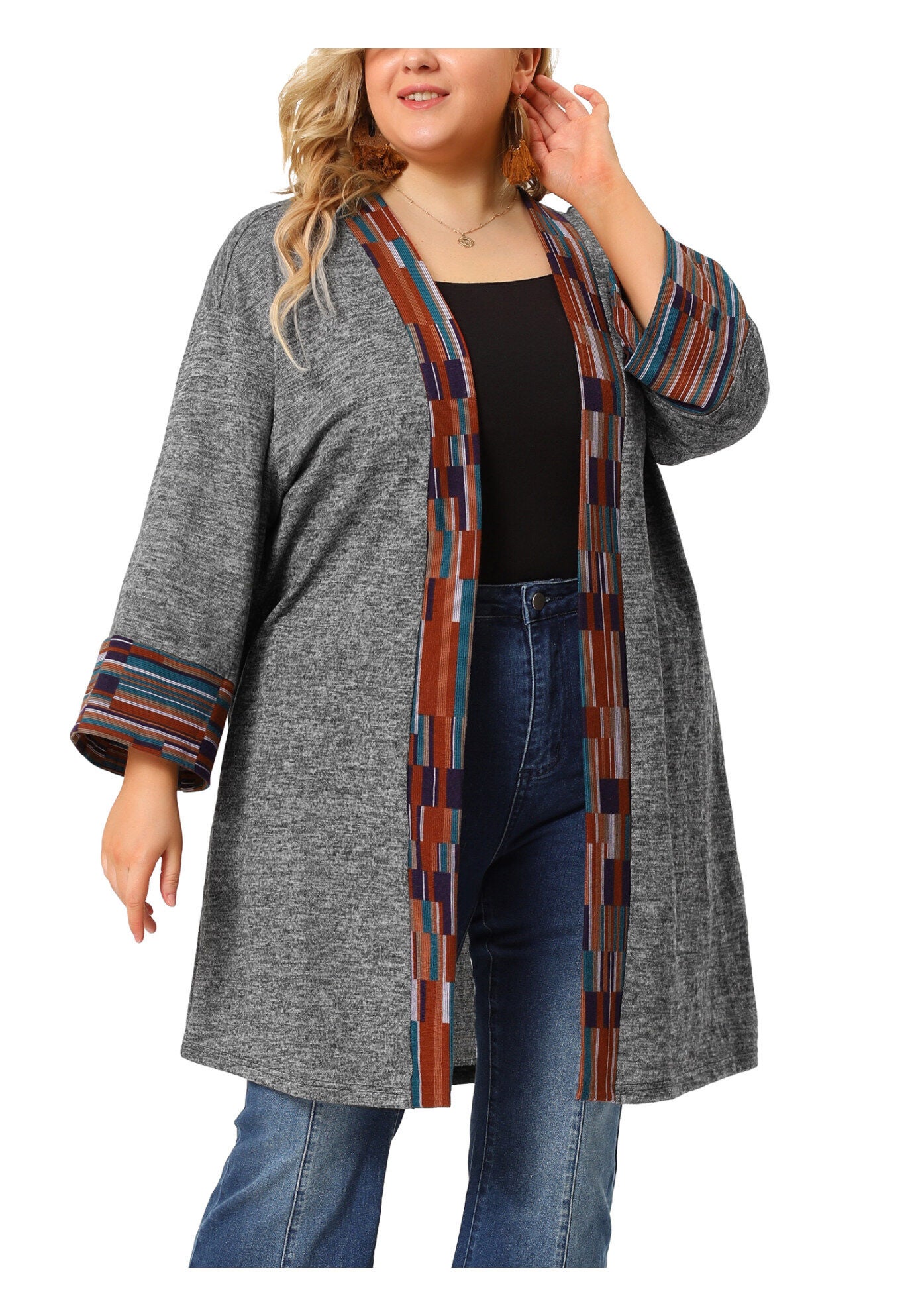 OPEN FRONT BOHO BOHEMIAN KNIT CARDIGAN, Dark Gray / Warm Grey, alternate image number 1