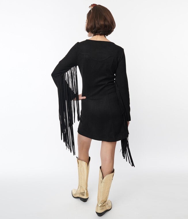 Smak Parlour Black Suede Shift Fringe Dress, Black / Black, alternate image number 3