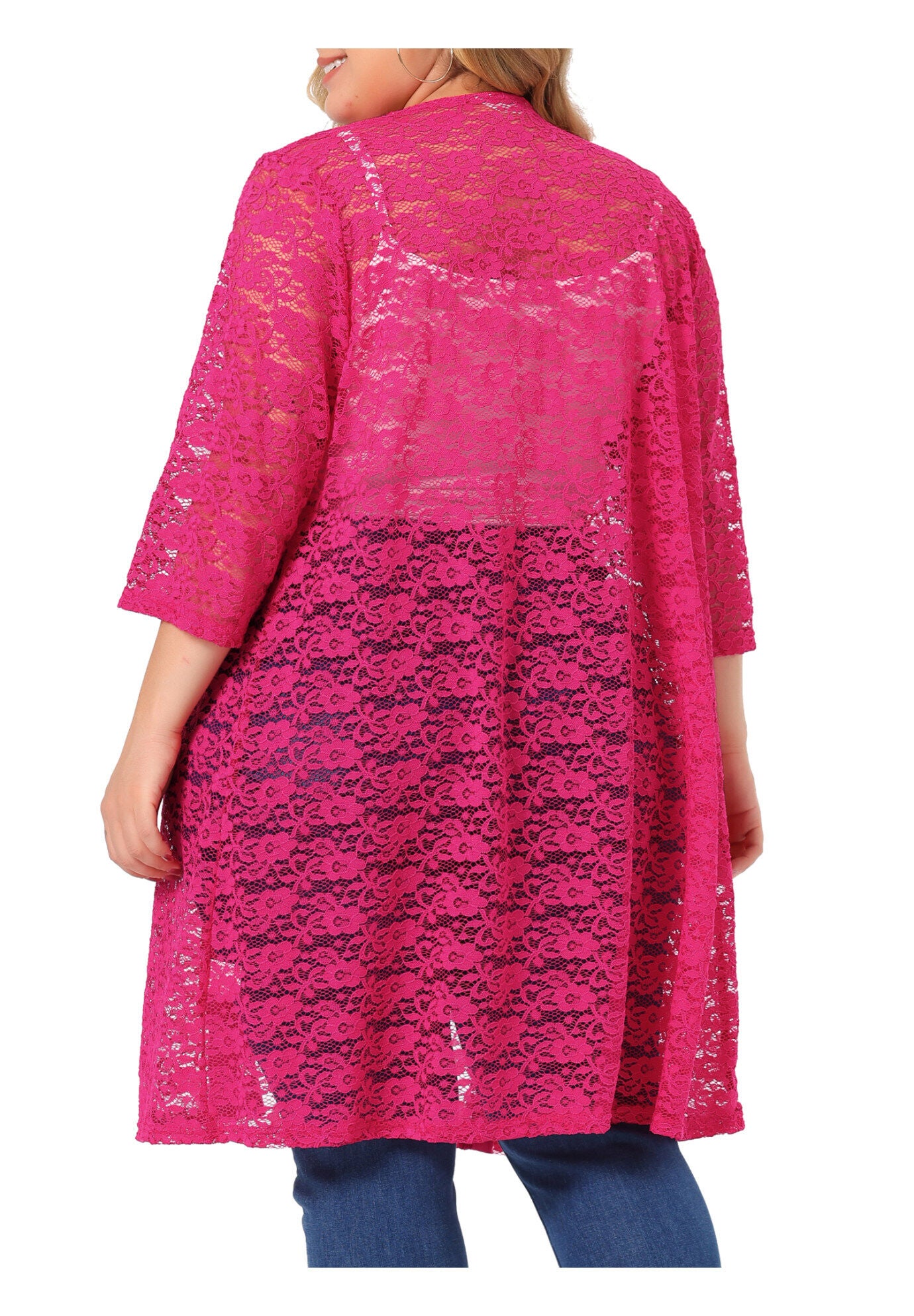 LACE CROCHET 3/4 SLEEVE COVER UP CARDIGAN, Hot Pink / Pink, alternate image number 3