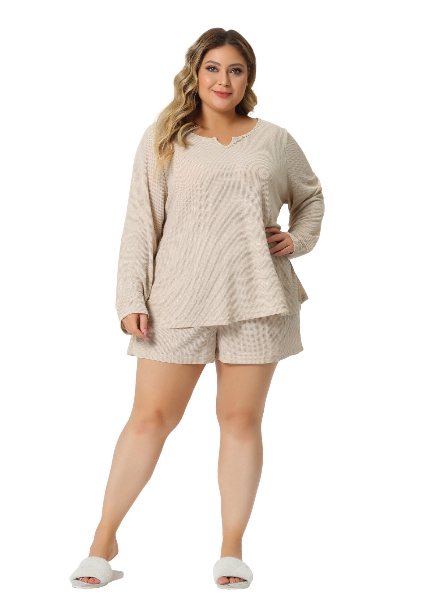 Waffle 2 Piece Long Sleeved Top and Shorts Pajama Sweatsuits Set, Beige / Beige, hi-res image number 0