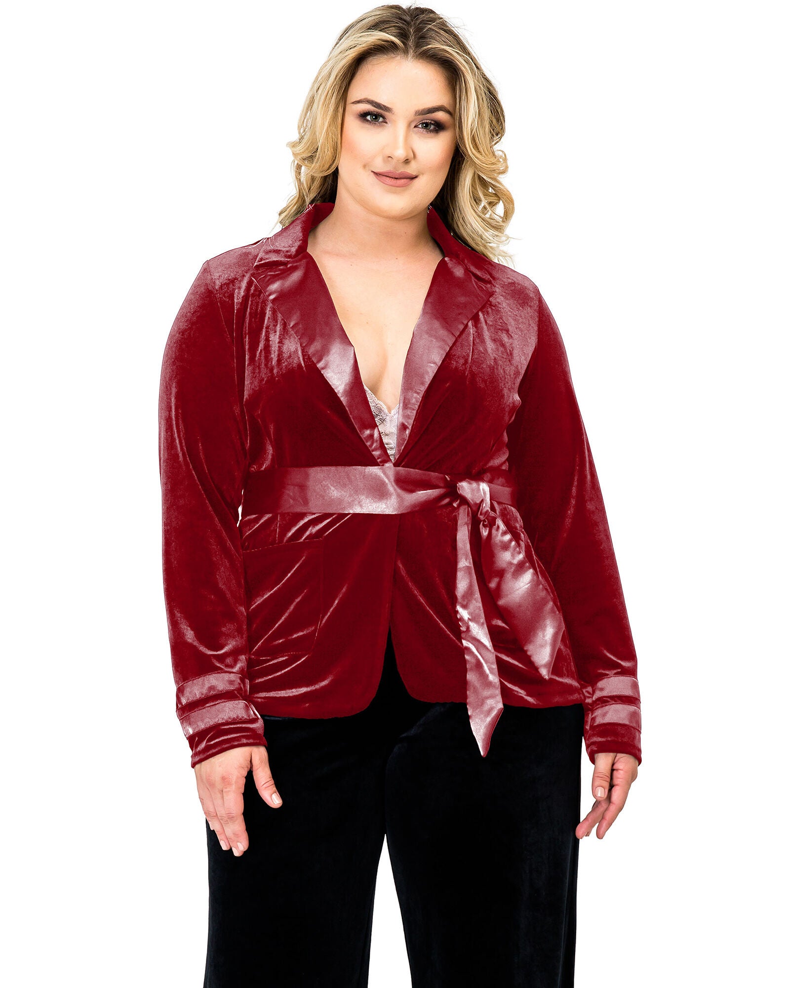 Plus Size Lottie Stretch Velvet Wrap Smoking Jacket With Satin Lapel And Satinbelt, Deep Red / New Wine, hi-res image number 0