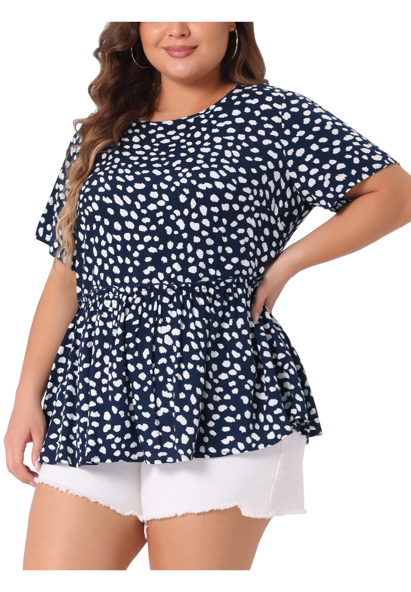 Polka Dots Crew Neck Short Sleeve Peplum Top, Navy Blue / Navy, alternate image number 1