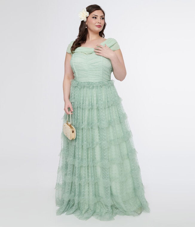 Unique Vintage 1950s Mint Green Clip Dot Off The Shoulder Cocktail Dress, Green Clip Dot / Mint, alternate image number 2
