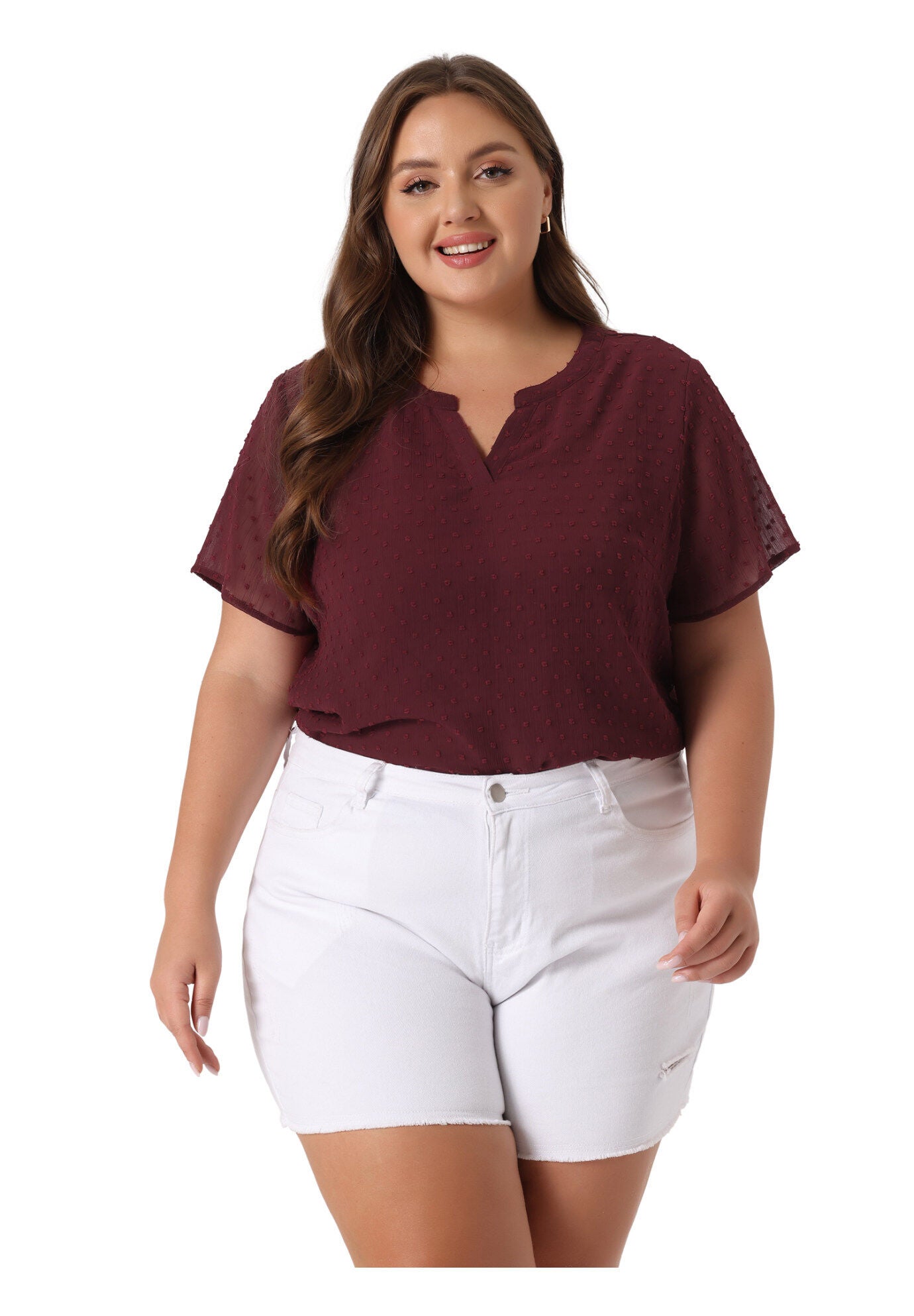 Swiss Dots Notched Neck Short Sleeve Basic Blouse, Burgundy / Burgundy, hi-res image number 0
