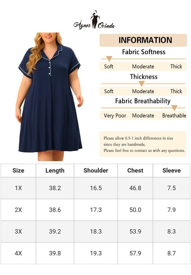 Short Sleeves Pajama Button Down Nightshirt, Dark Blue / Navy, alternate image number 4