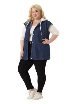 DRAWSTRING HOOD UTILITY LONG JEAN DENIM JACKET VEST