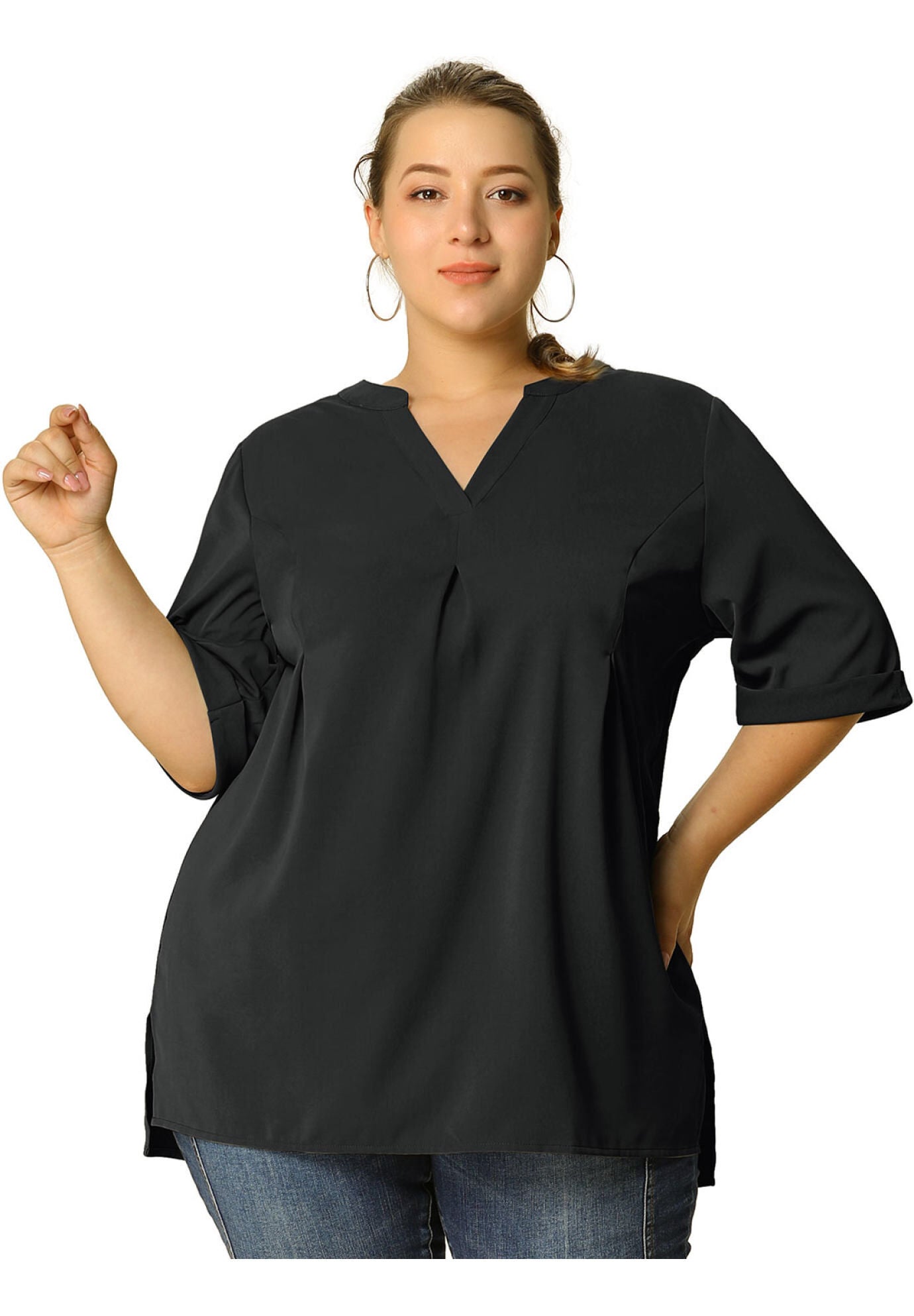 V Neck Casual Solid 1/2 Sleeve Tunic Blouse, Black / Black, alternate image number 2