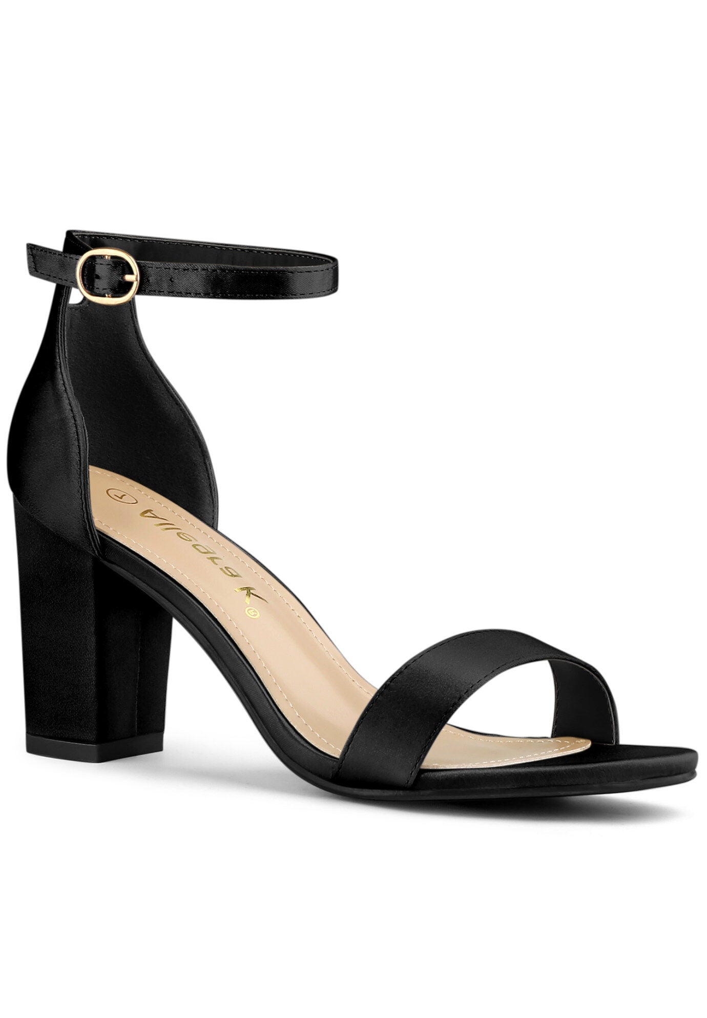 Satin Open Toe Ankle Strap Chunky Heels Sandals, Black / Black, hi-res image number 0