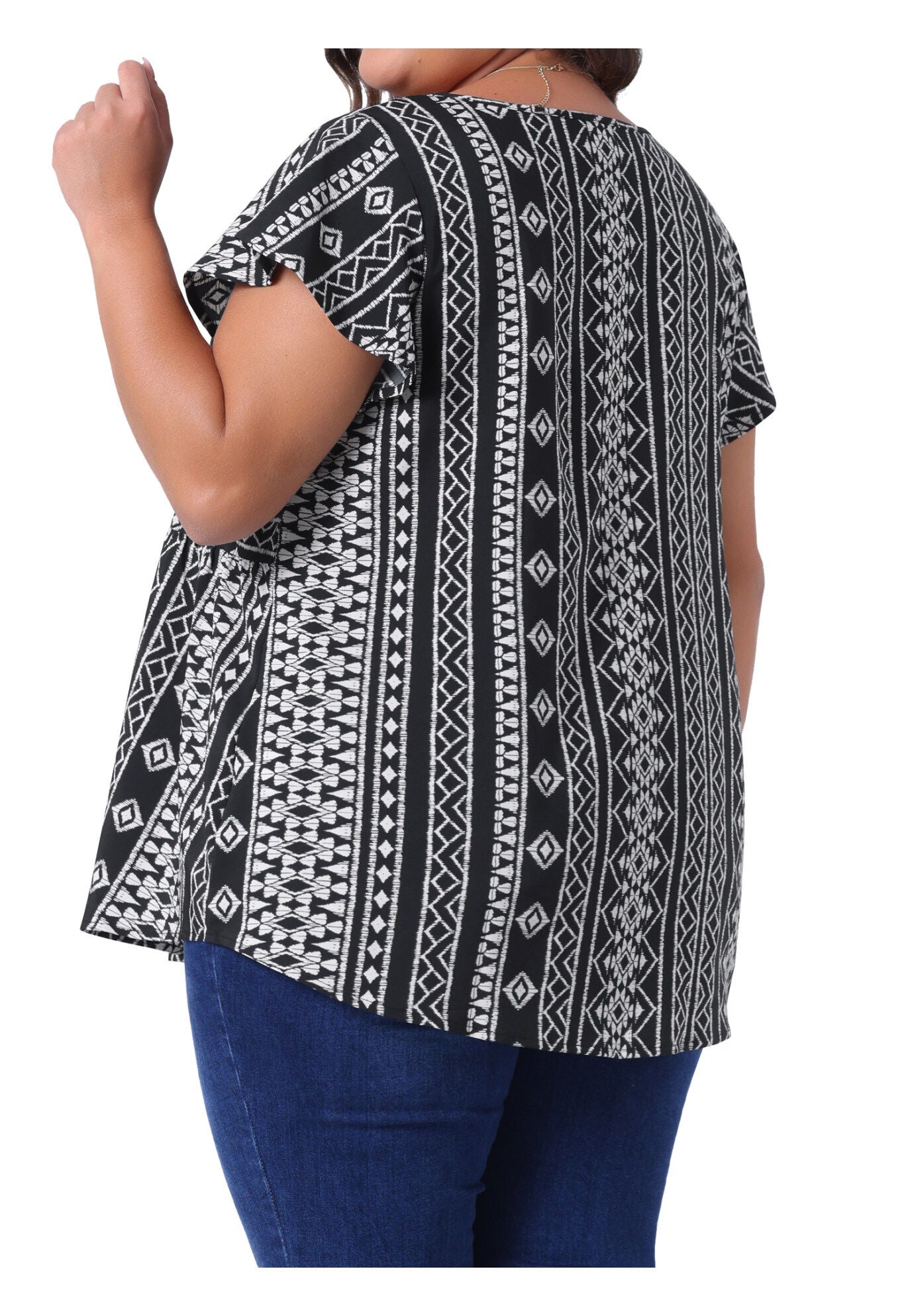 Boho Floral Printed Round Neck Ruffle Sleeve Blouse, Black / Black, alternate image number 3