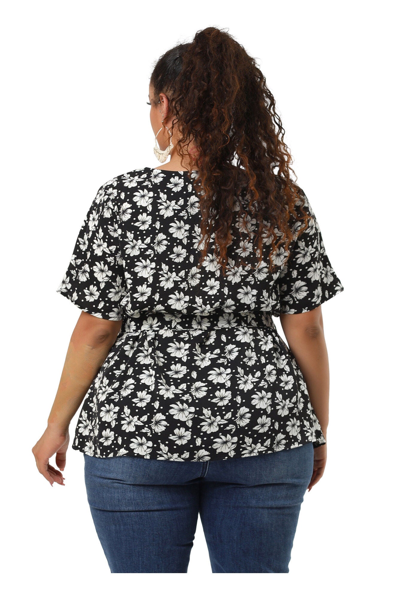 Tie Waist Floral Print Blouse Peplum Summer Top, Black / Black, alternate image number 3
