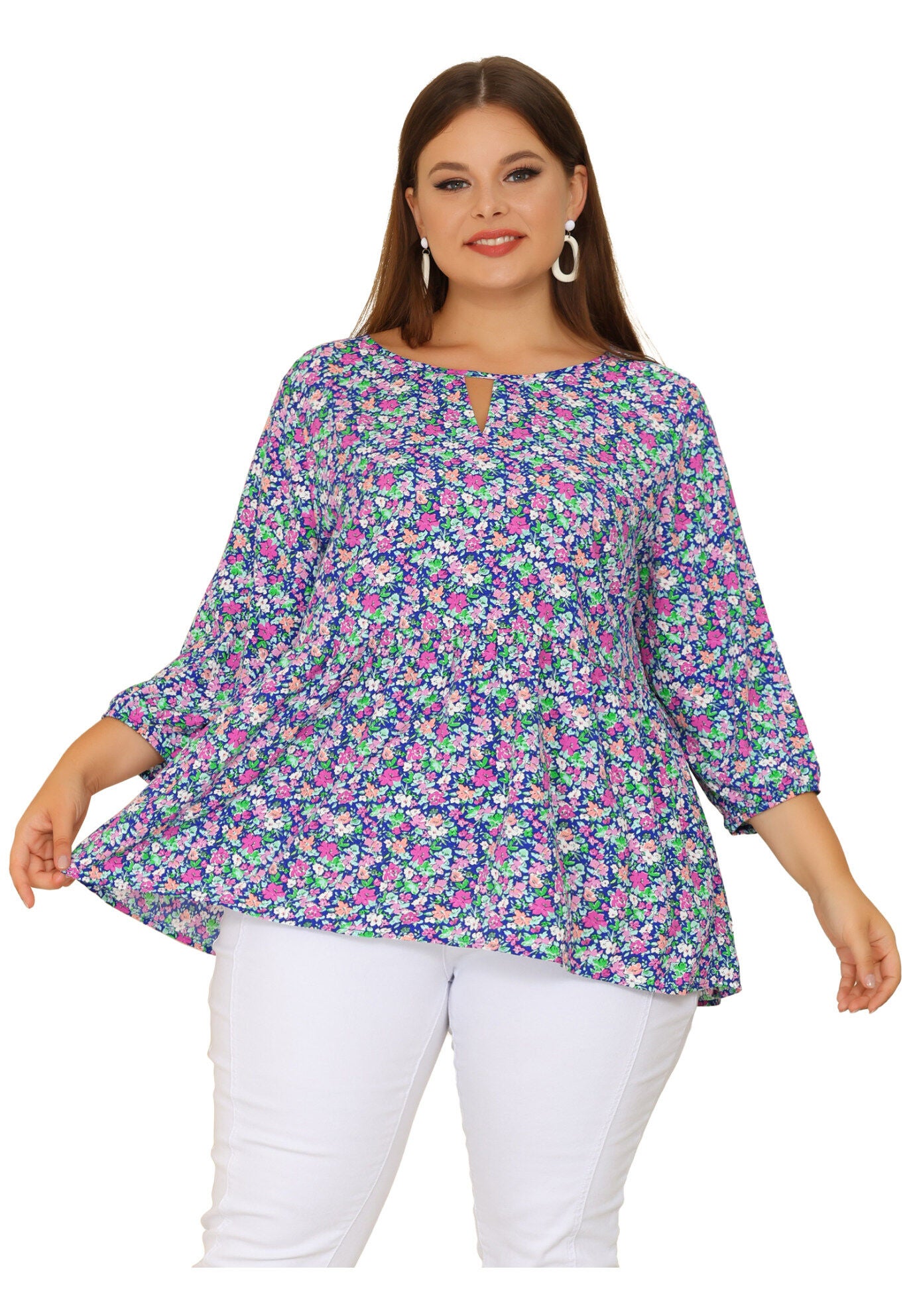 3/4 Sleeves Babydoll Chiffon Keyhole Floral Flowy Top Blouse, Blue / Cornflower Blue, hi-res image number 0