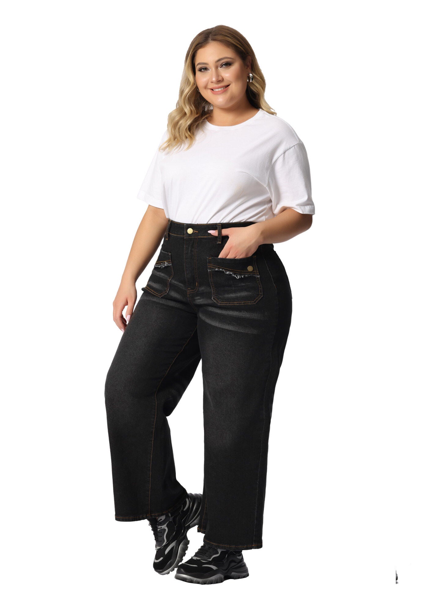 WIDE LEG WASHED STRETCHY PALAZZO PANTS DENIM JEANS, Black / Black, hi-res image number 0