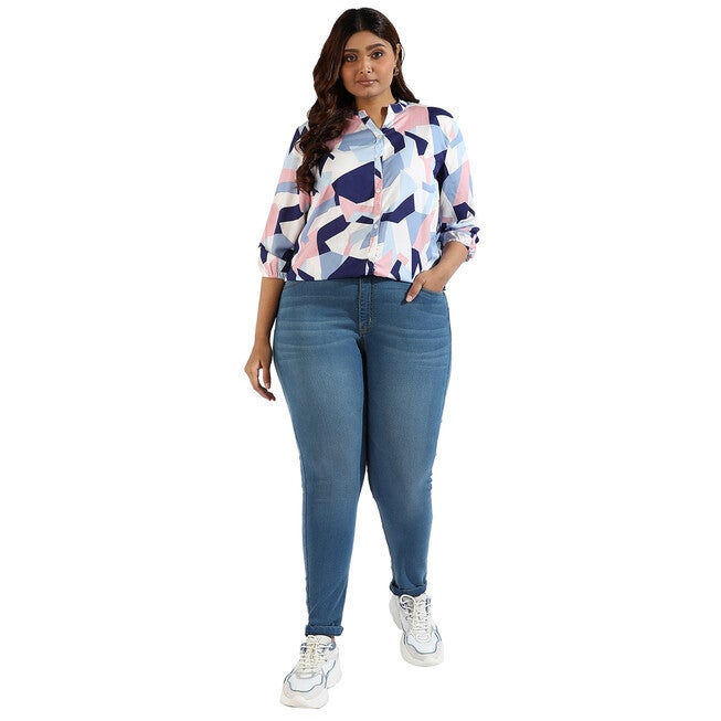 Women Graphic Design Stand Collar Shirts, White / White, alternate image number null