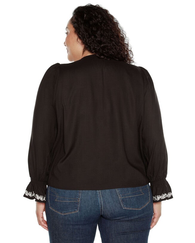 TIE-NECK EMBROIDERED-FRONT BLOUSE, Black / Black, alternate image number 1