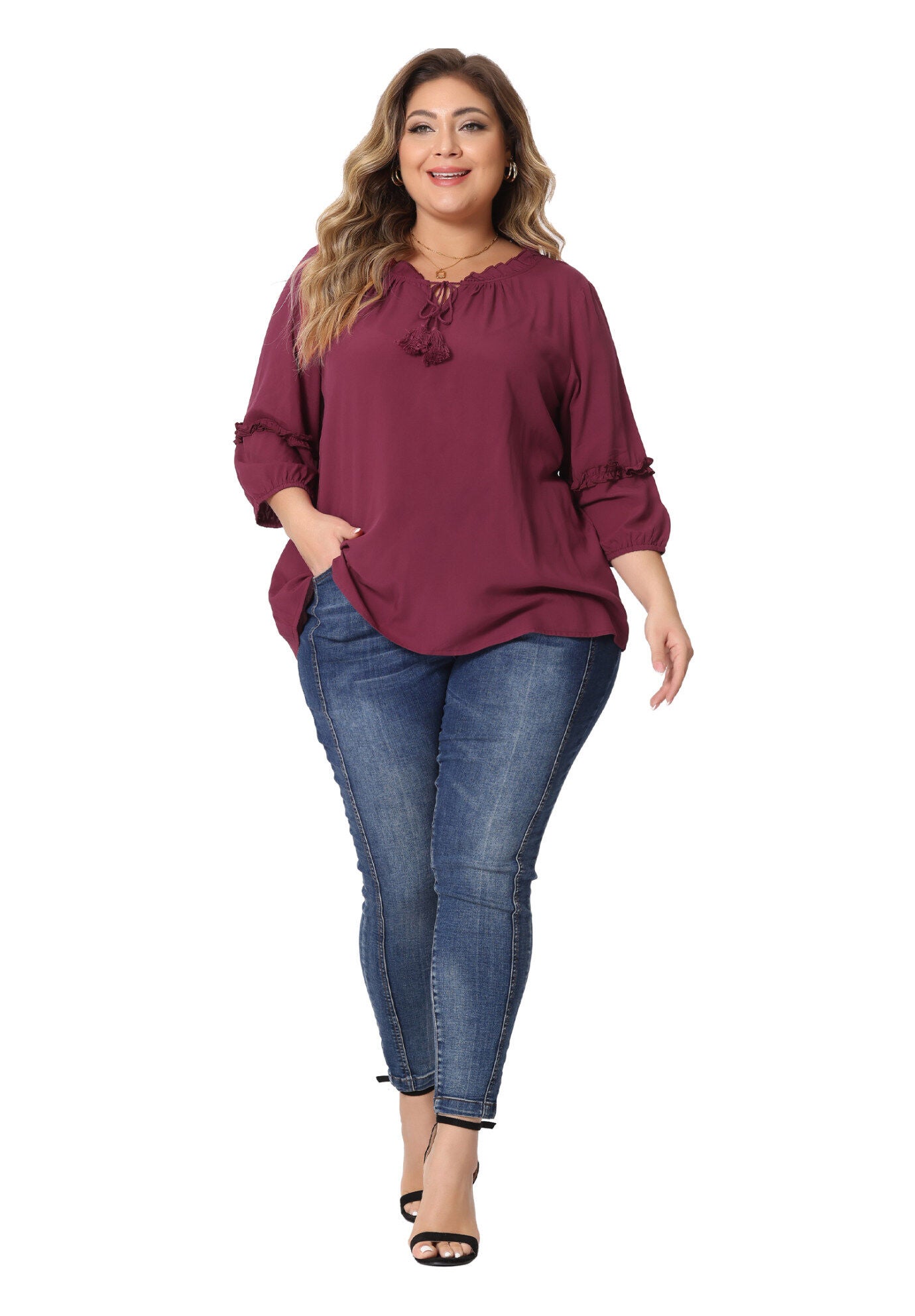 TIE NECK TASSEL SELF FLUTTER 3/4 SLEEVE BLOUSE TOP, Burgundy / Red, hi-res image number 0