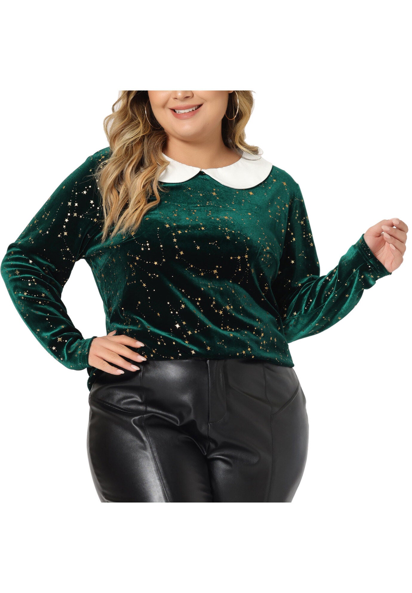 Peter Pan Long Sleeve Vintage Star Print Doll Collar Velvet Top, Green / Forest Green, alternate image number 2