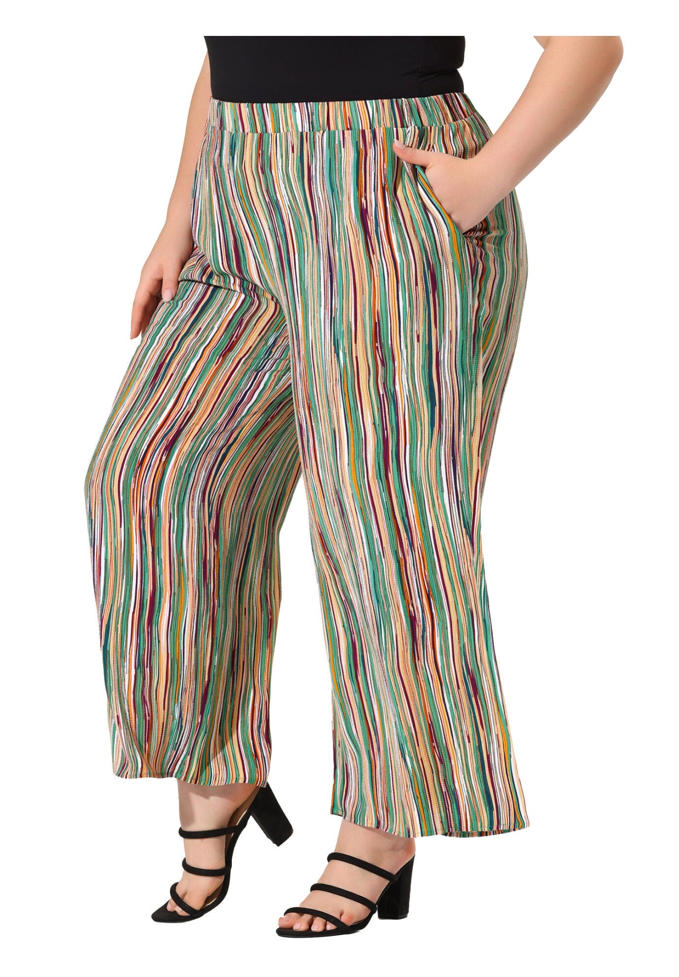 STRIPE BOHO WIDE LEG PAPER BAG PALAZZO PANTS, Green / Light Green, hi-res image number 0