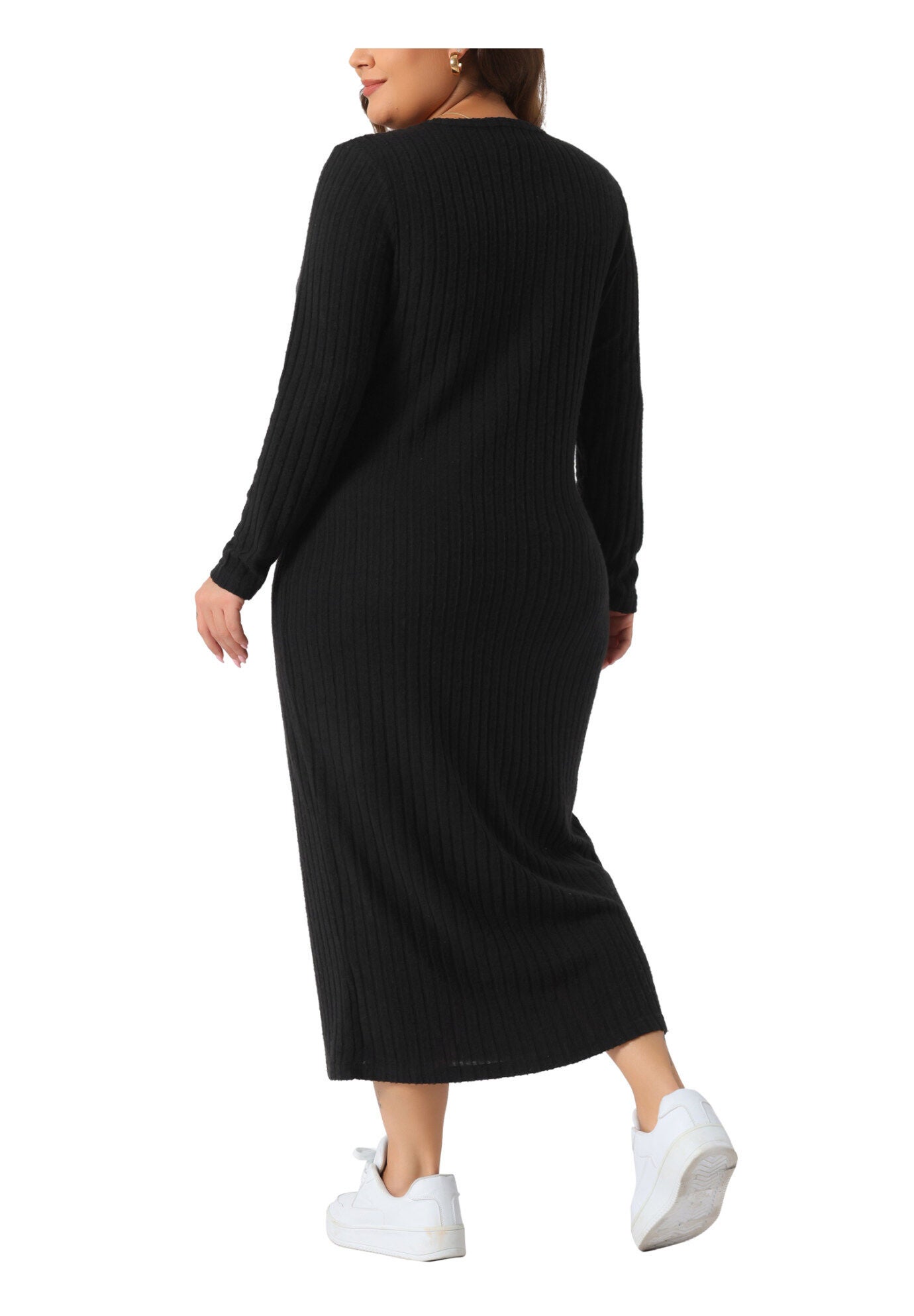 V Neck Long Sleeve Ribbed Knit Button Down Bodycon Dress, Black / Black, alternate image number 3