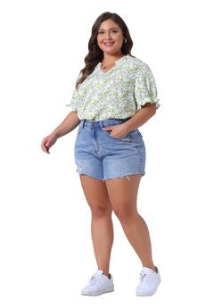 Floral V Neck Ruffle Puff Short Sleeve Blouse