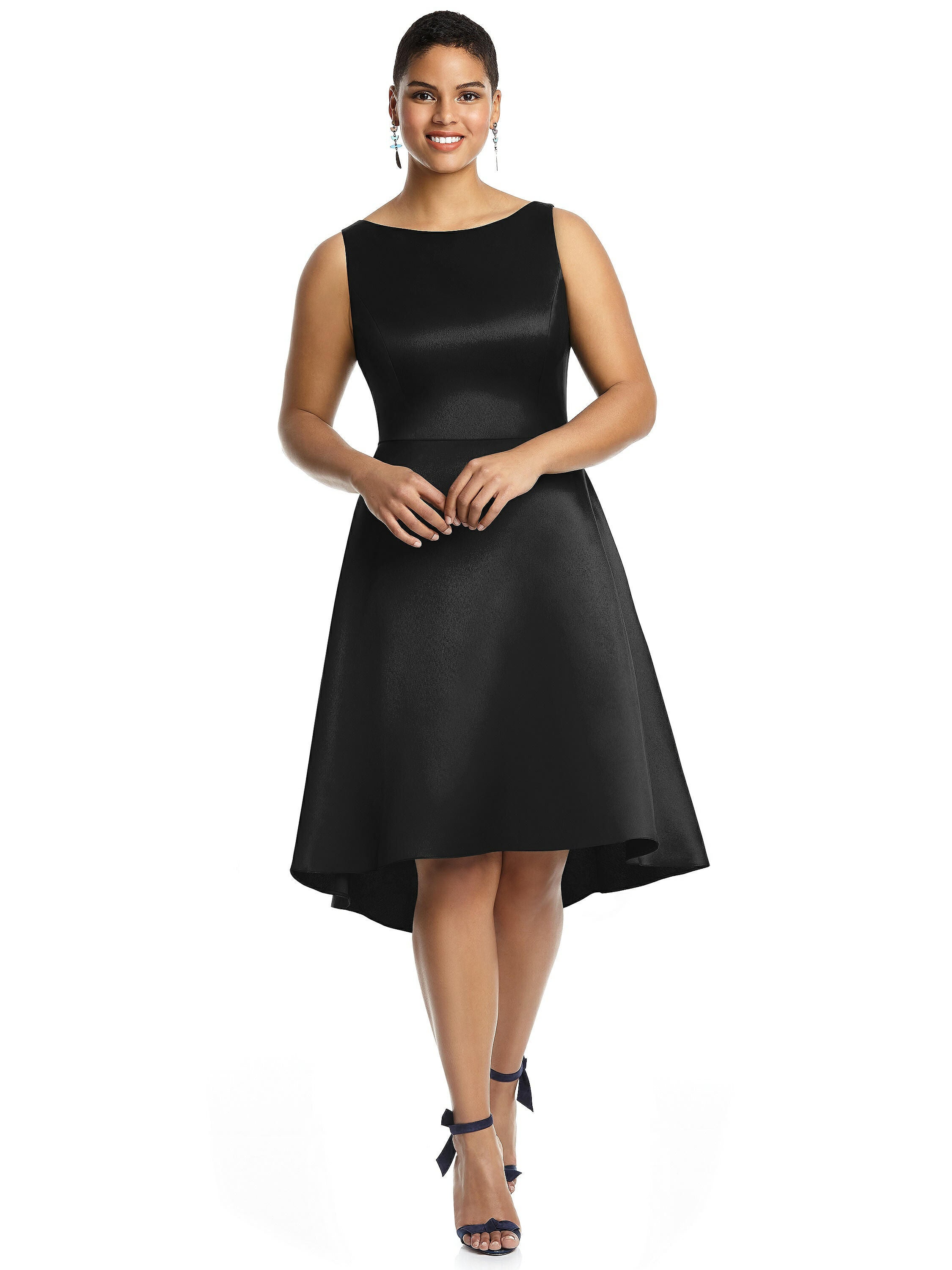 Bateau Neck Satin High Low Cocktail Dress, Black / Black, hi-res image number 0
