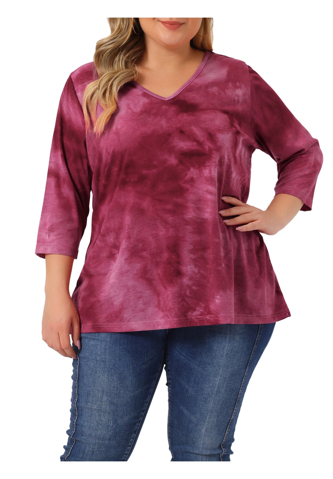 V Neck 3/4 Sleeve Loose Casual Striped Tie Dye Print T-Shirt Top, Hot Pink / Deep Fuchsia, alternate image number 2