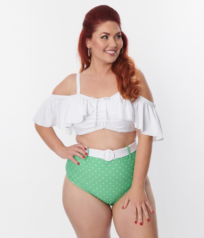 Unique Vintage White Ruffle Swim Top, White / White, alternate image number 4