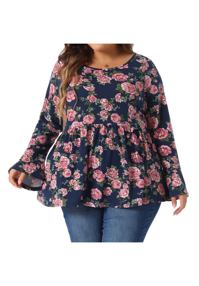 Floral Bell Long Sleeve Crew Neck Shirt Peplum Babydoll Top, Navy Blue / Navy, alternate image number null