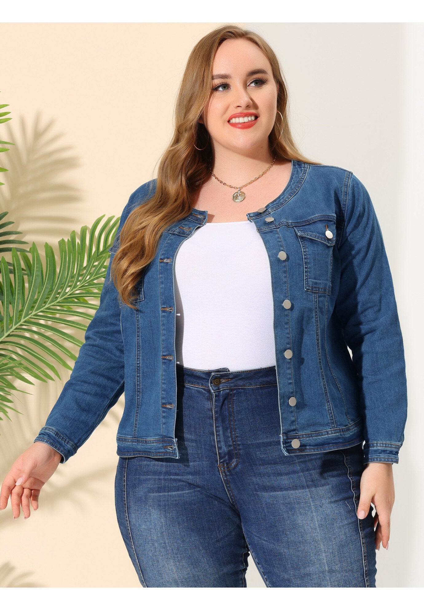 COLLARLESS DENIM JACKET, Light Blue / Light Blue, alternate image number 1