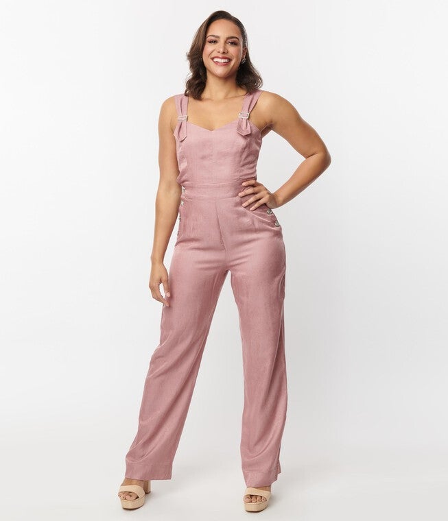 Unique Vintage Rose Chambray Tie Back Overalls, Pink / Pink, alternate image number 2