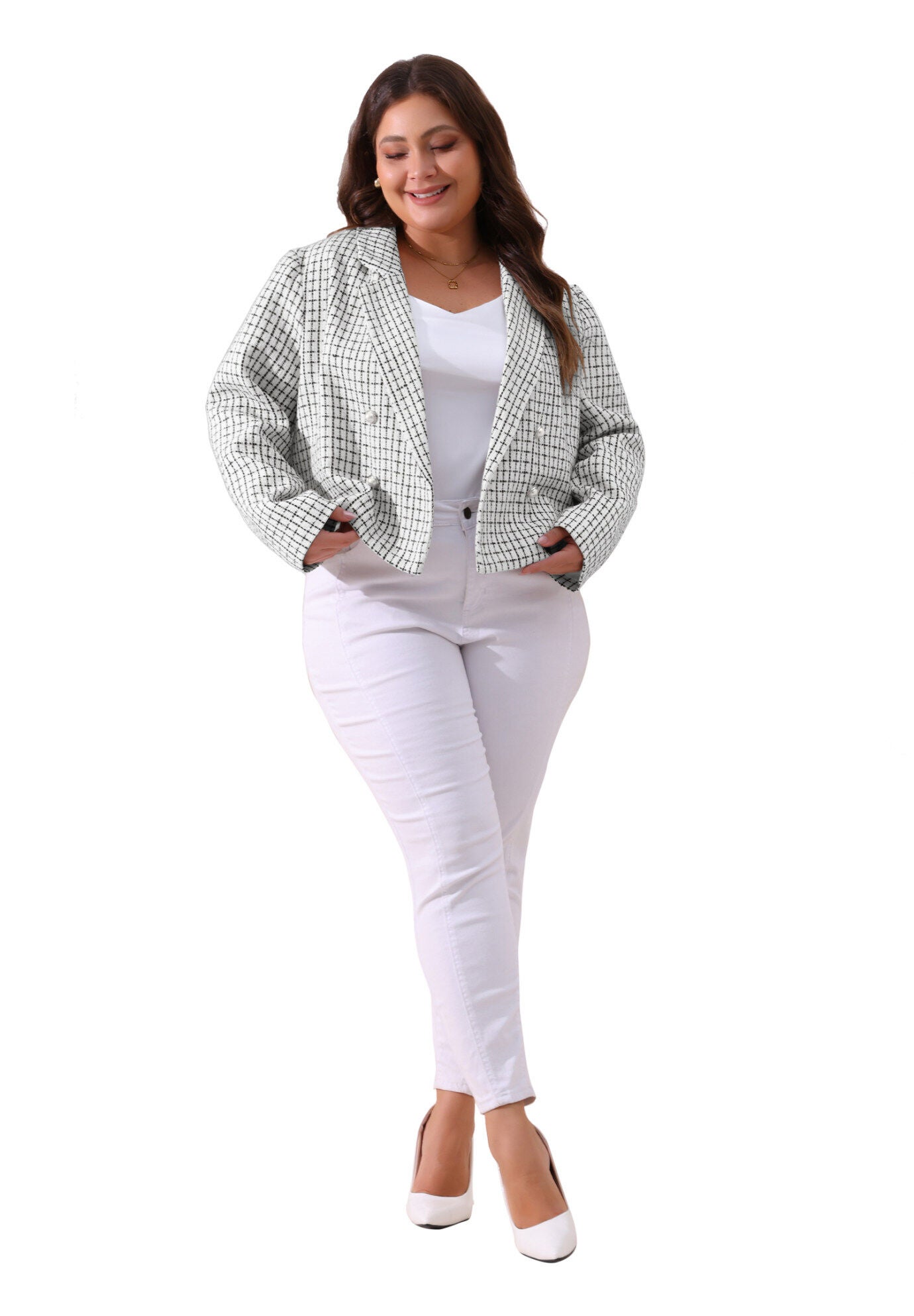 NOTCHED LAPEL CROP PLAID TWEED BLAZER, White / White, hi-res image number 0