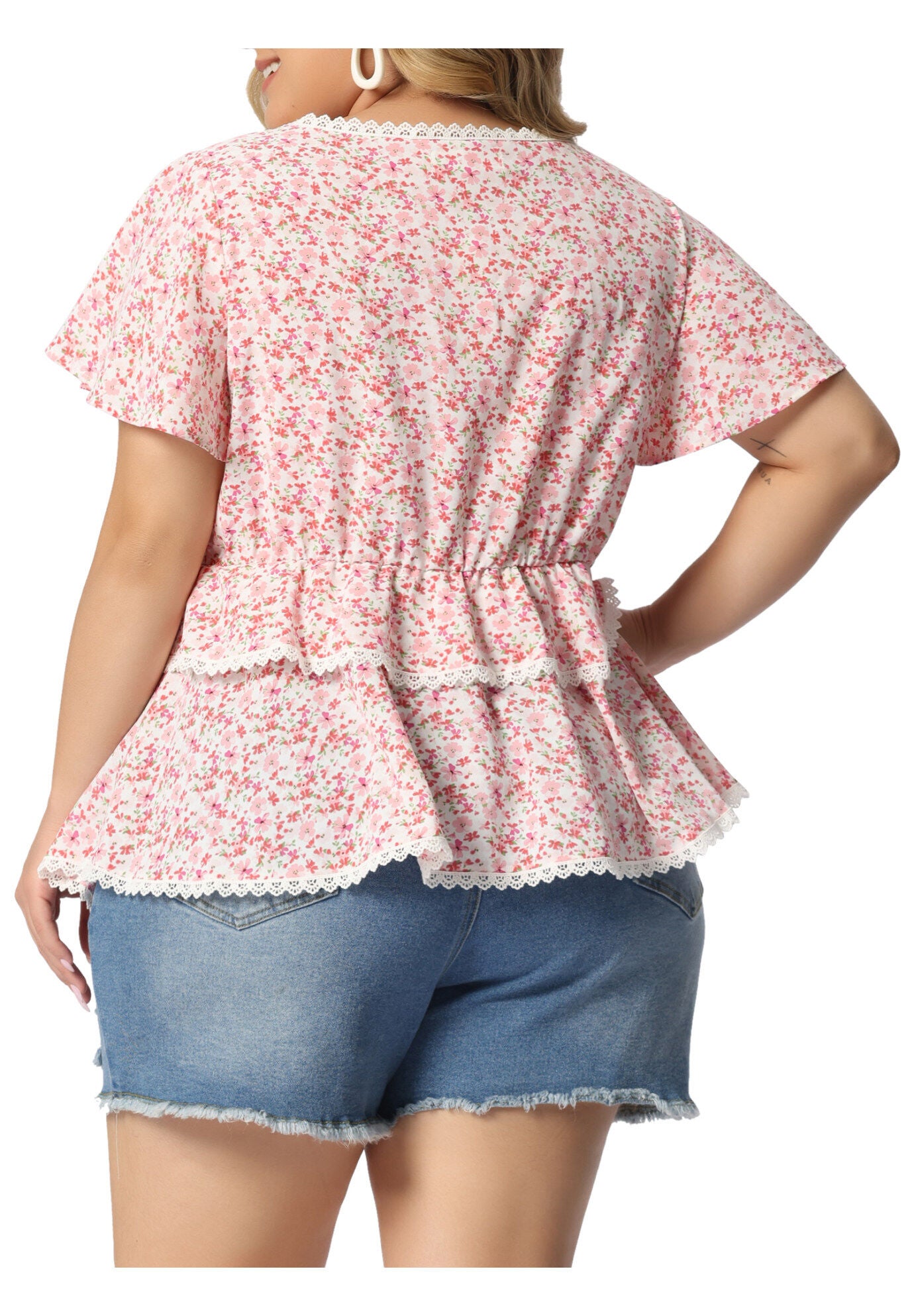 Floral Babydoll Sweetheart Ruffle Short Sleeve Top Tiered Blouse, Pink / Pink, alternate image number 3