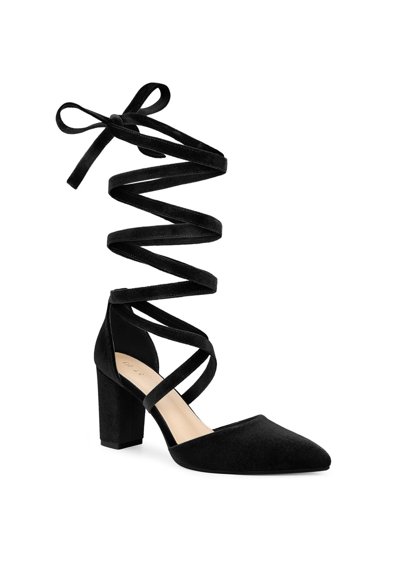 Velvet Lace Up Chunky Heels Pointed Toe Pumps, Black / Black, hi-res image number 0