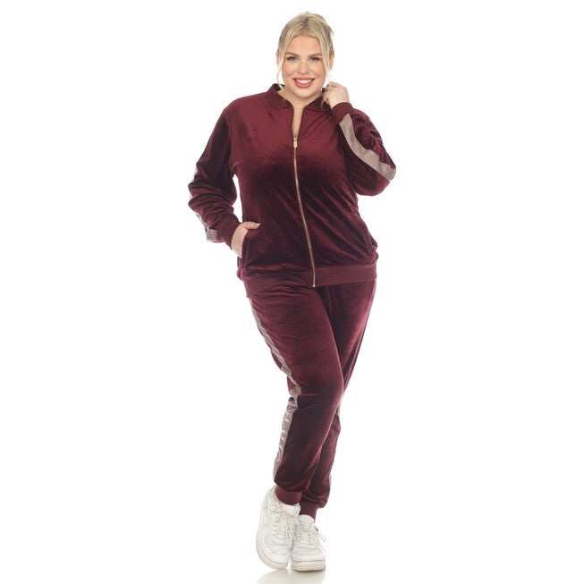 Plus Size 2-Piece Velour with Faux Leather Stripe, Burgundy / Burgundy, alternate image number 3