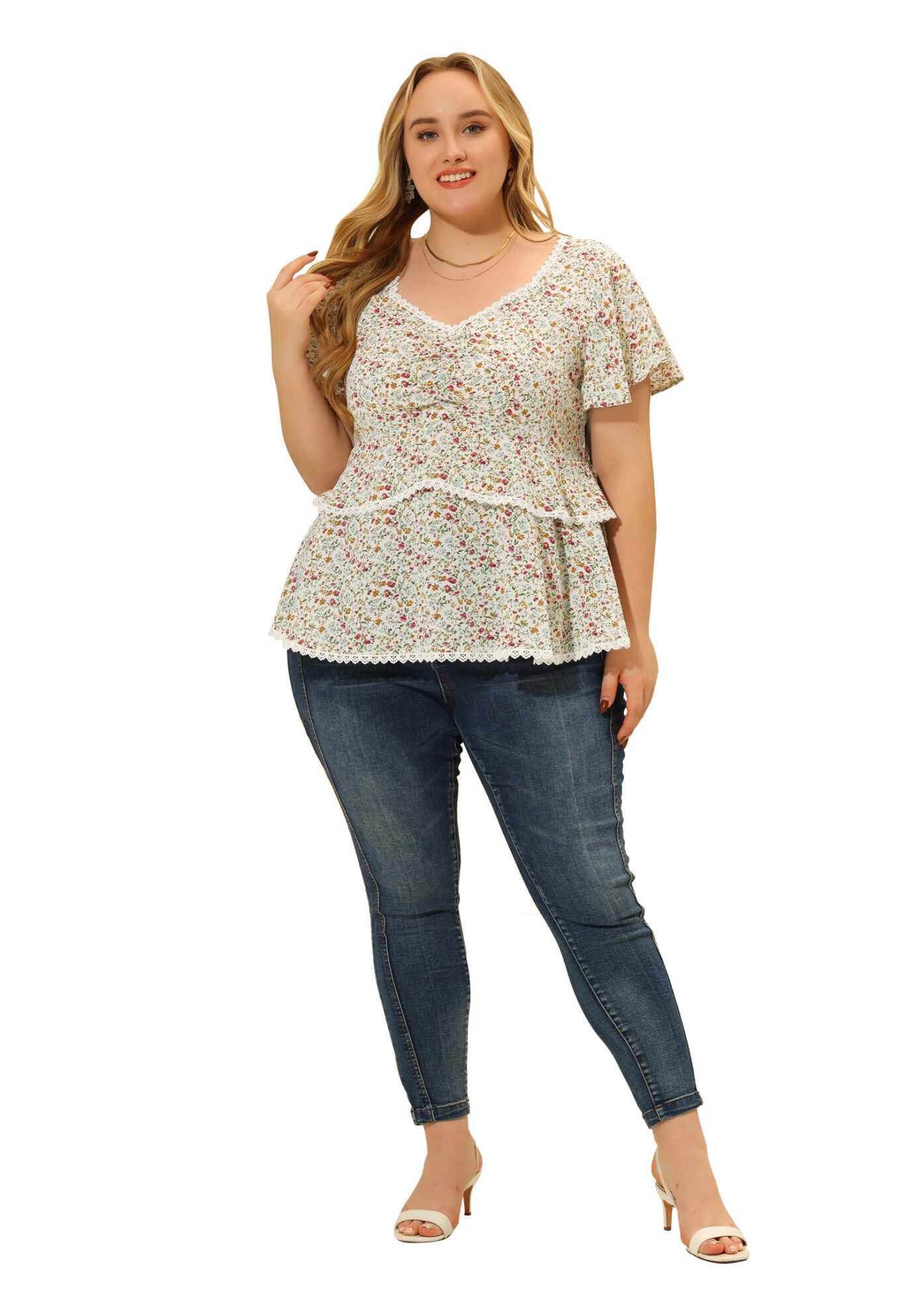 Floral Babydoll Sweetheart Ruffle Short Sleeve Top Tiered Blouse, White / White, hi-res image number 0